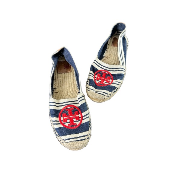 Tory Burch “Double T” Navy Striped Espadrilles with Red Logo - Picture 2 of 7